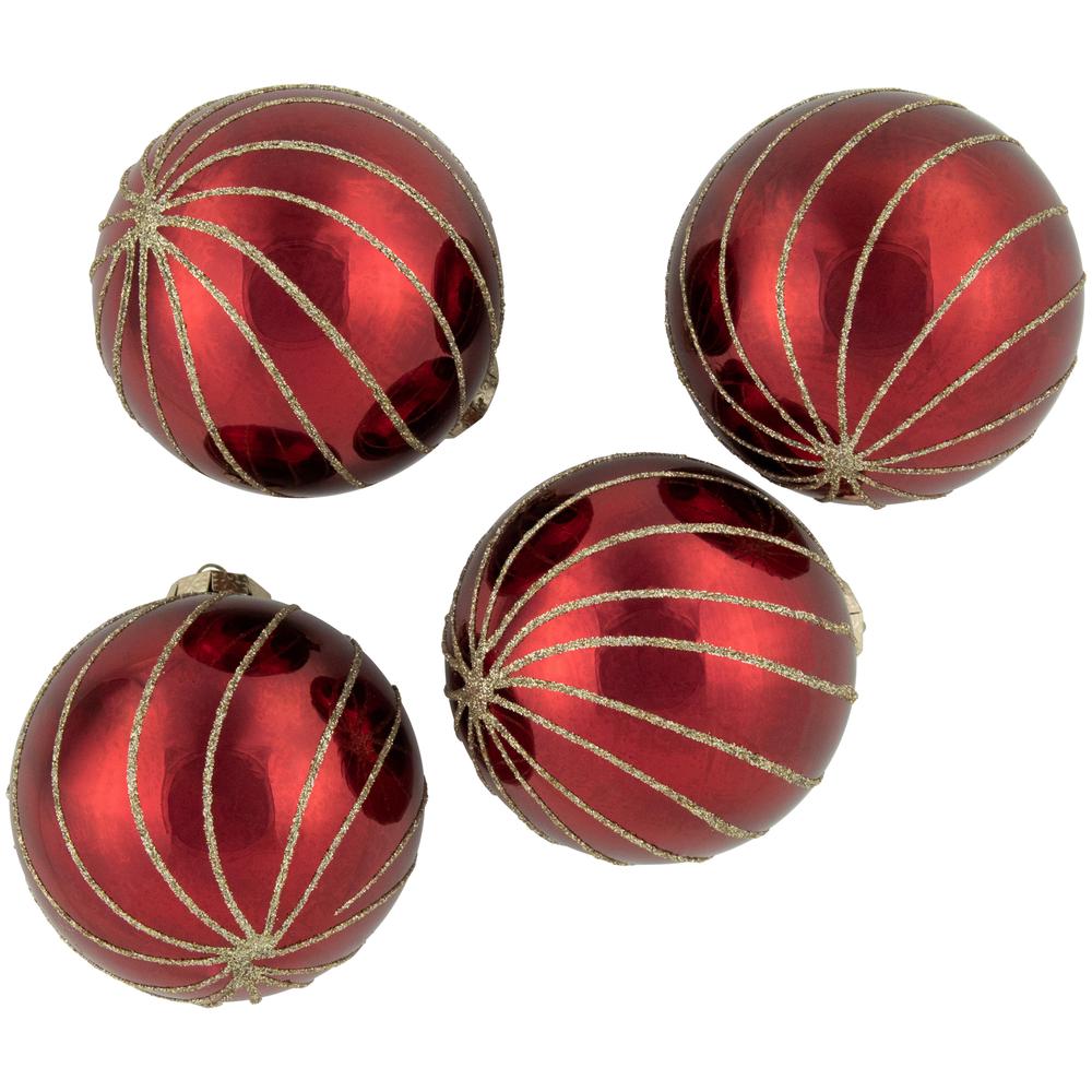 4ct Burgundy Red and Gold Glitter Striped Glass Ball Ornaments 3" (76mm). Picture 4
