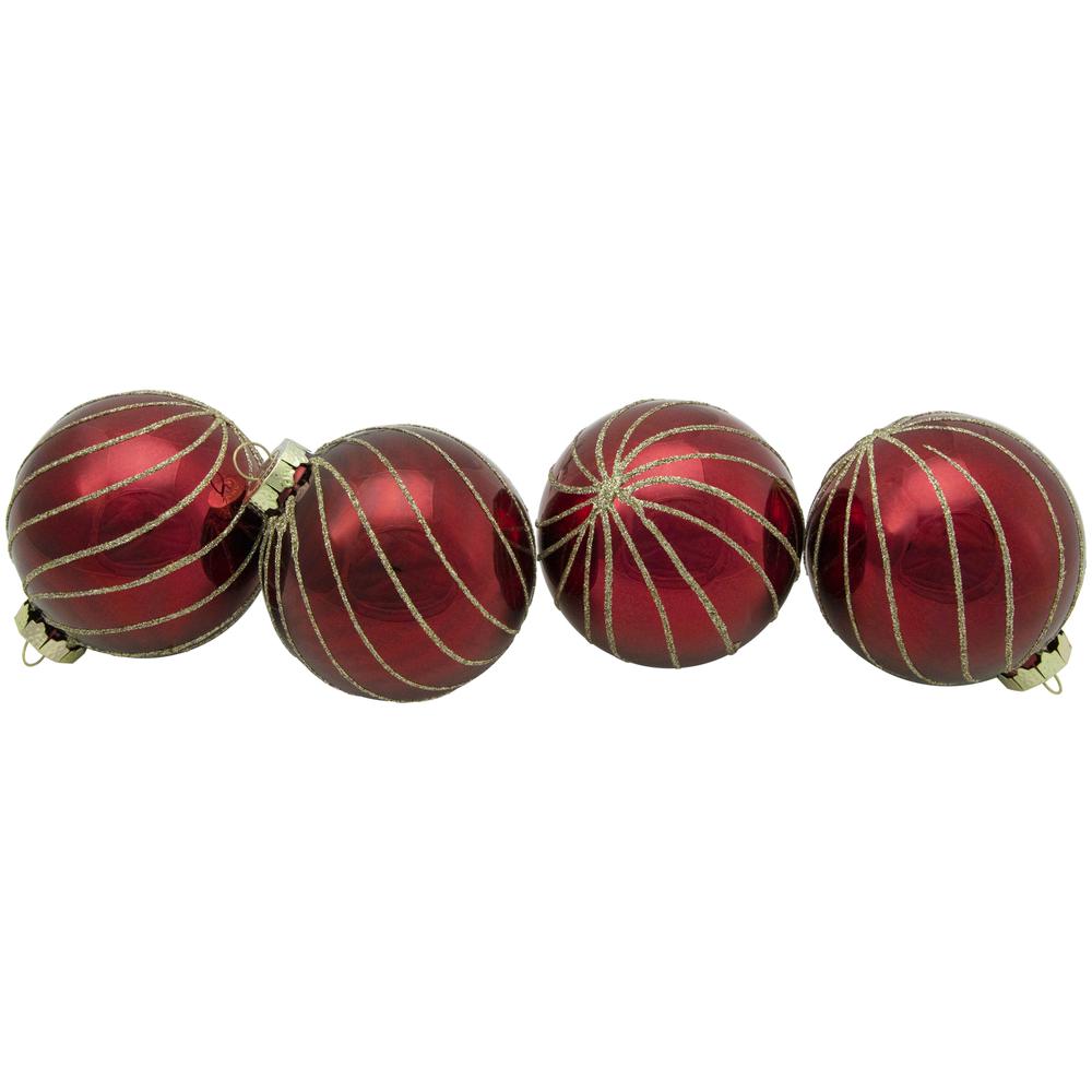 4ct Burgundy Red and Gold Glitter Striped Glass Ball Ornaments 3" (76mm). Picture 1
