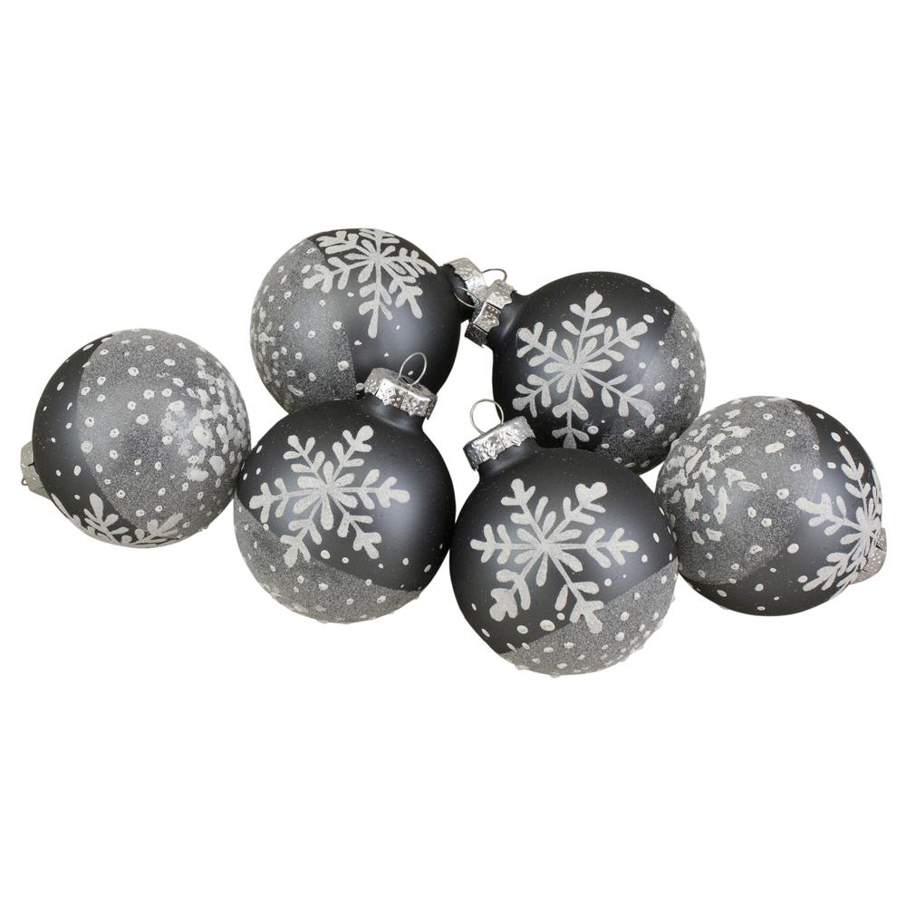 Set of 6 Gray and White Snowflake Glass Christmas Ball Ornaments 4" (101mm). Picture 1