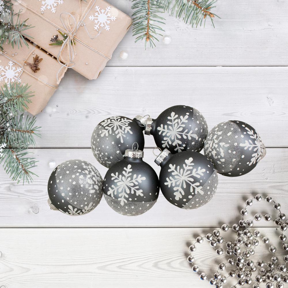 Set of 6 Gray and White Snowflake Glass Christmas Ball Ornaments 4" (101mm). Picture 2