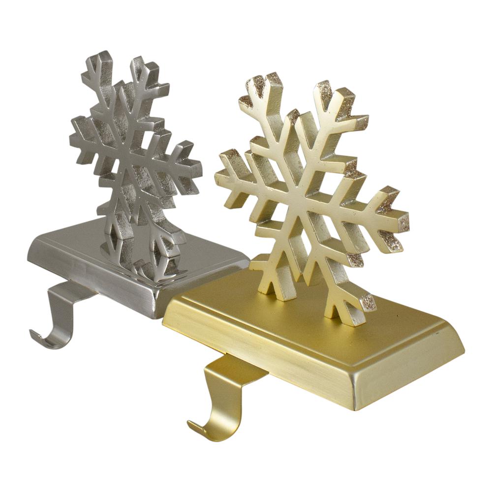 Set of 2 Gold and Silver Shiny Snowflake Christmas Stocking Holders. Picture 4