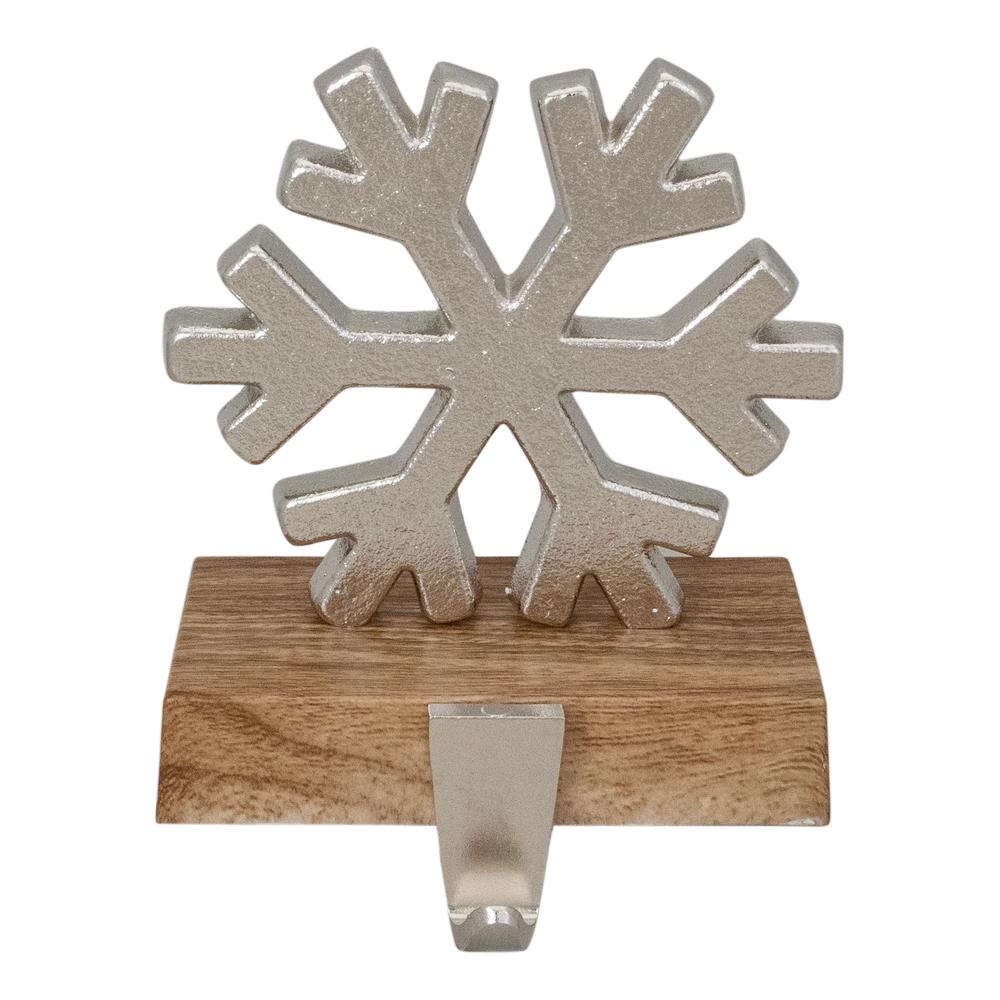 6.25" Silver Snowflake with Wood Finish Base Christmas Stocking Holder. Picture 1