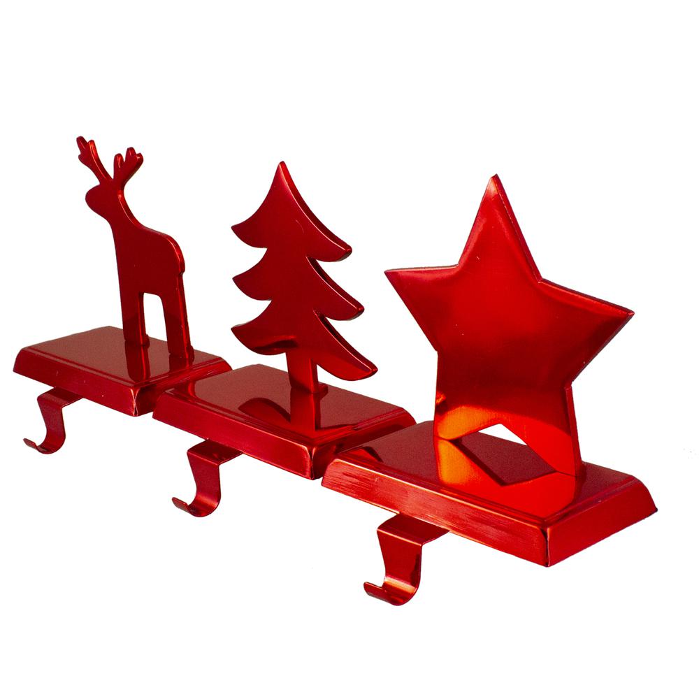 Reindeer  Christmas Tree  and Star Metallic Red Christmas Stocking Holders. Picture 4