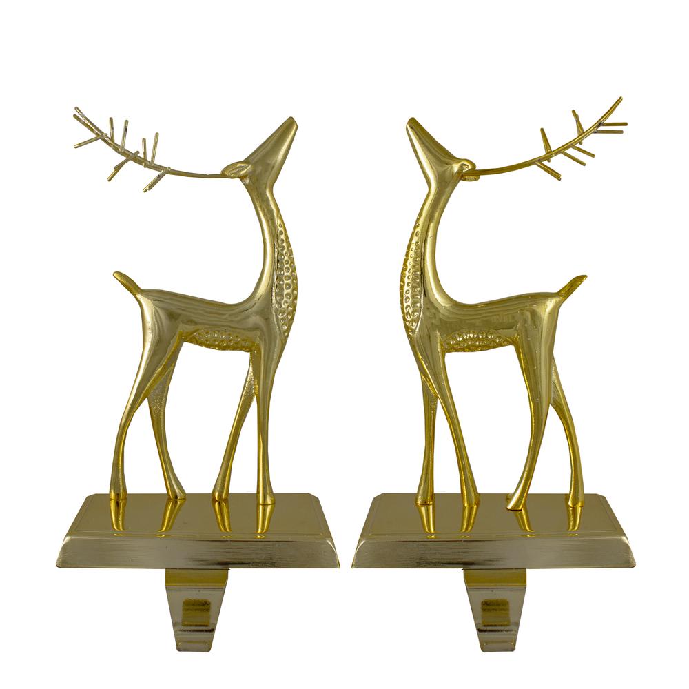 Set of 2 Gold Standing Reindeer Christmas Stocking Holders 9.75". The main picture.