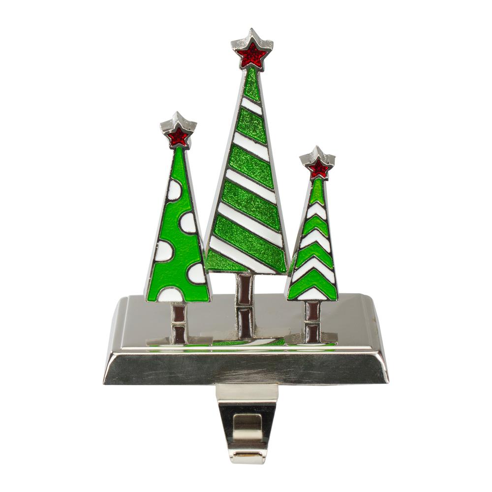 7" Silver  Green and White Christmas Tree Trio Stocking Holder. The main picture.