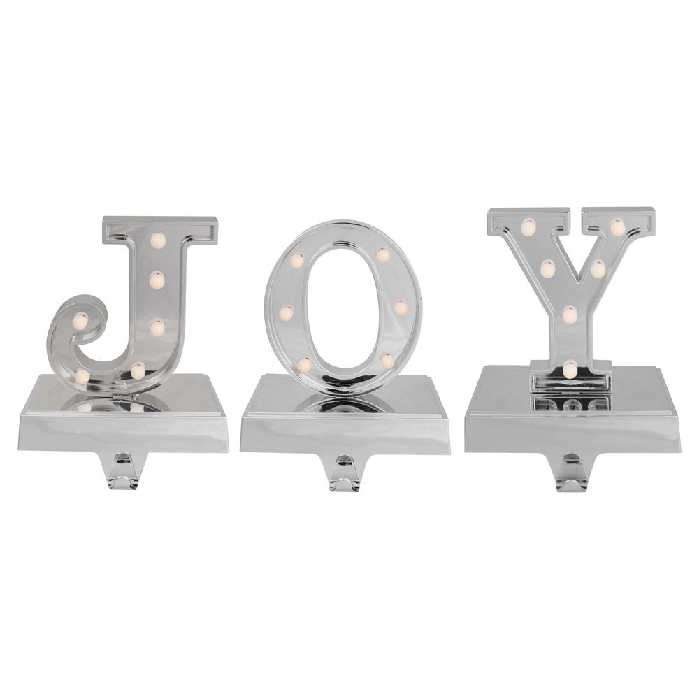 Set of 3 Silver LED Lighted "JOY" Christmas Stocking Holder 6.5". Picture 1