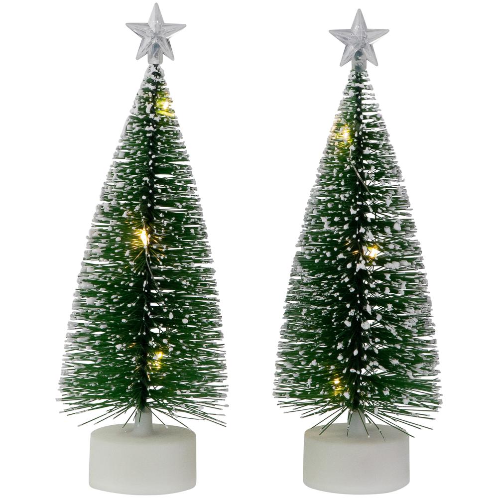 Set of 2 LED Pre-Lit Green Mini Bottle Brush Pine Christmas Village Trees. Picture 1