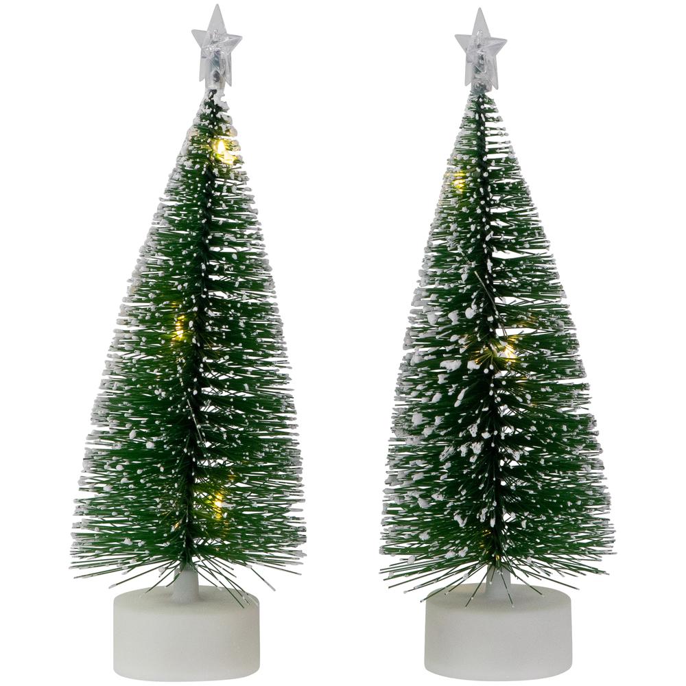 Set of 2 LED Pre-Lit Green Mini Bottle Brush Pine Christmas Village Trees. Picture 7