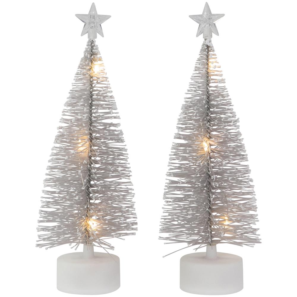 Set of 2 LED Pre-Lit Silver Mini Bottle Brush Pine Christmas Village Trees. Picture 1