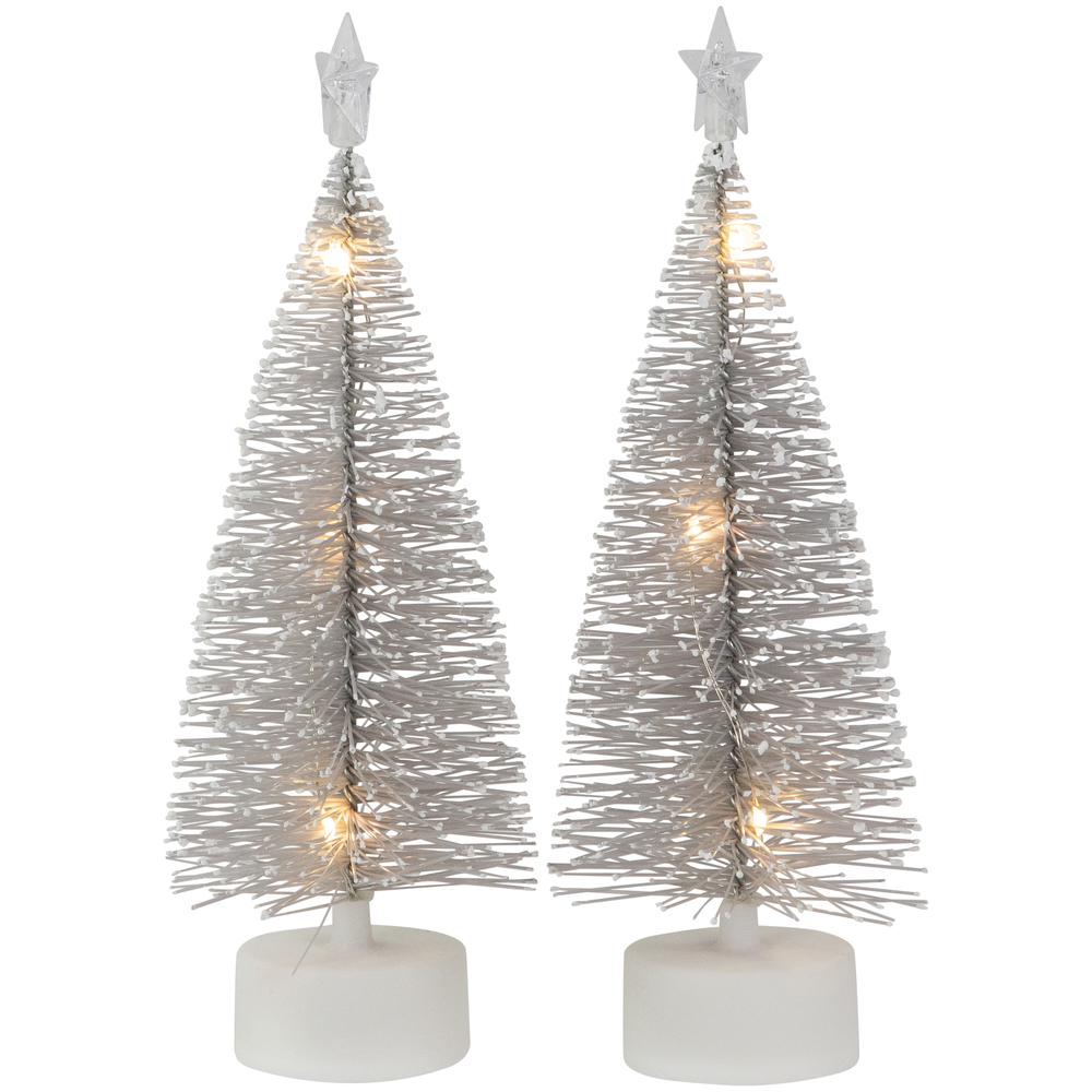 Set of 2 LED Pre-Lit Silver Mini Bottle Brush Pine Christmas Village Trees. Picture 4