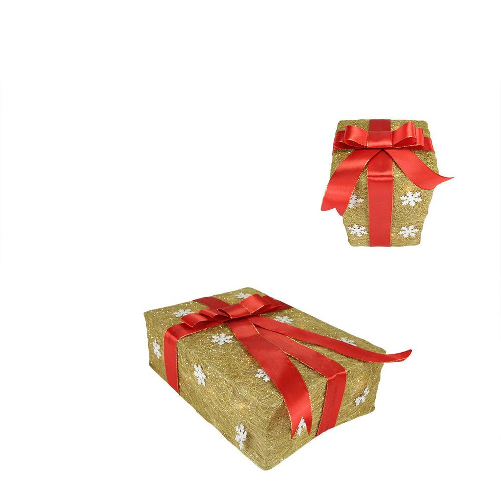 Set of 3 Pre-Lit Gold and Red Snowflake Gift Box Outdoor Christmas Yard Art Decor 13". Picture 3