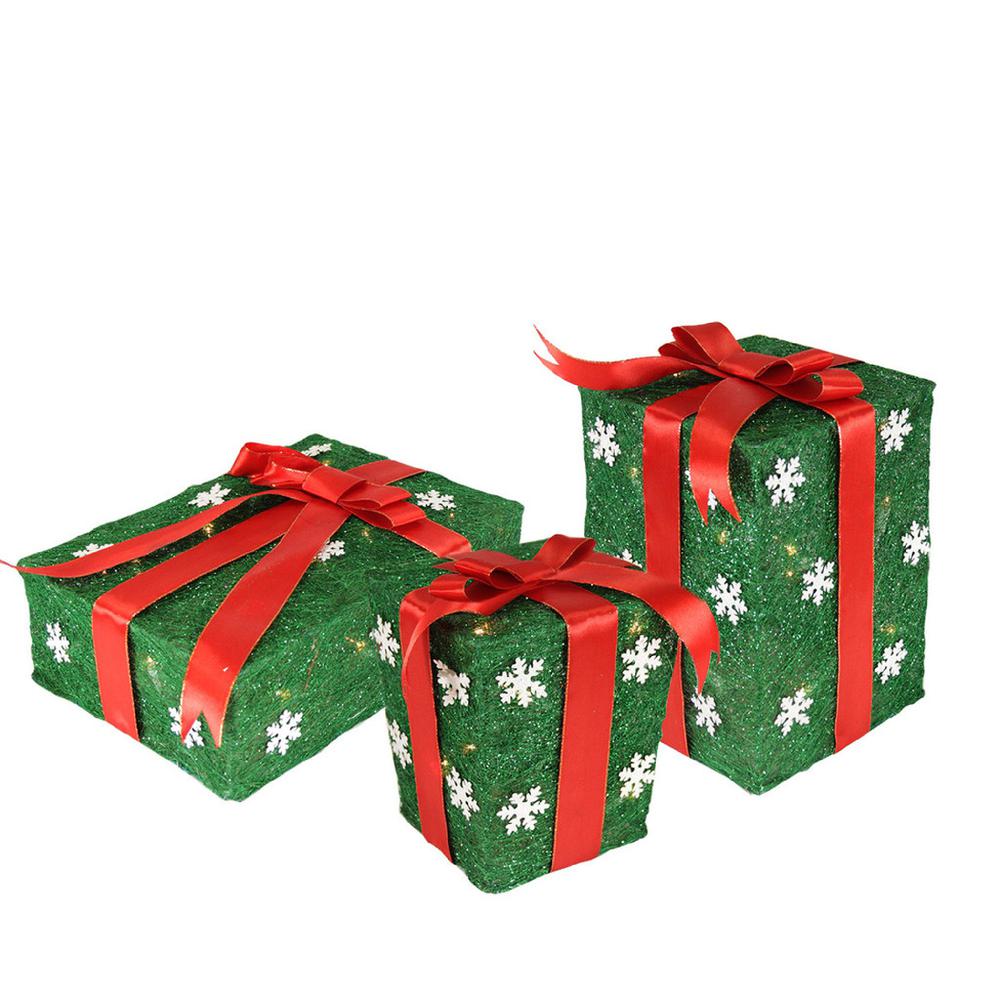 Set of 3 Lighted Green with Red Bows Gift Boxes Outdoor Christmas Decorations 13". Picture 2