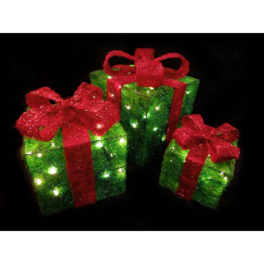 Set of 3 Green and Red Pre-lit Sisal Gift Boxes with Bows Outdoor Christmas Decor 10". Picture 2