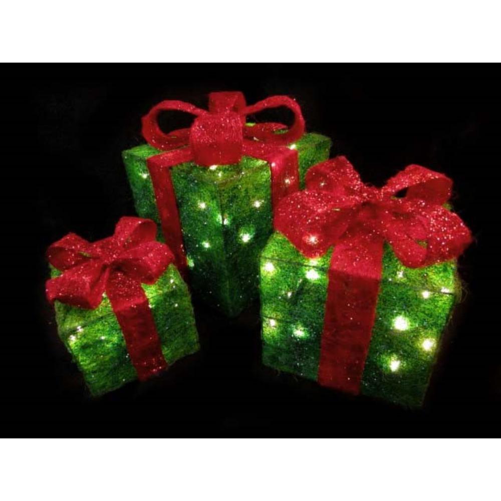 Set of 3 Green and Red Pre-lit Sisal Gift Boxes with Bows Outdoor Christmas Decor 10". Picture 3