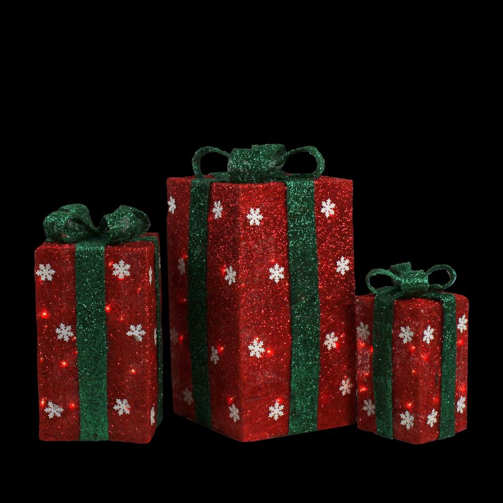 Set of 3 Lighted Tall Red Gift Boxes with Green Bows Christmas Outdoor Decorations 18". Picture 2