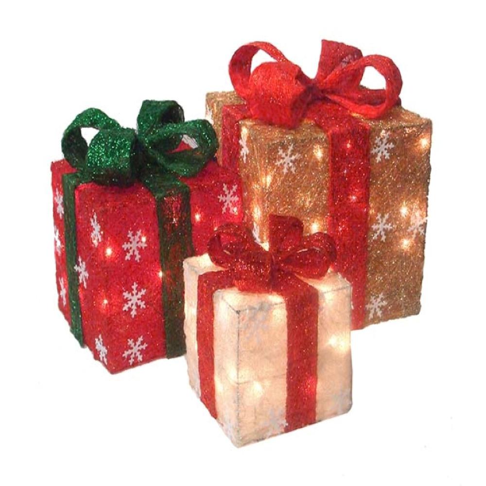 Set of 3 Lighted Red and Cream Gift Boxes Christmas Outdoor Decorations 10". Picture 2