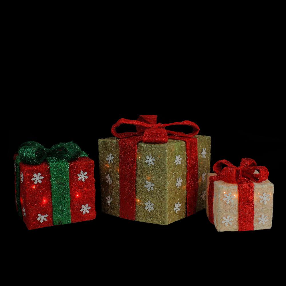 Set of 3 Lighted Gold  Cream and Green Gift Boxes Outdoor Christmas Decorations 10". Picture 2