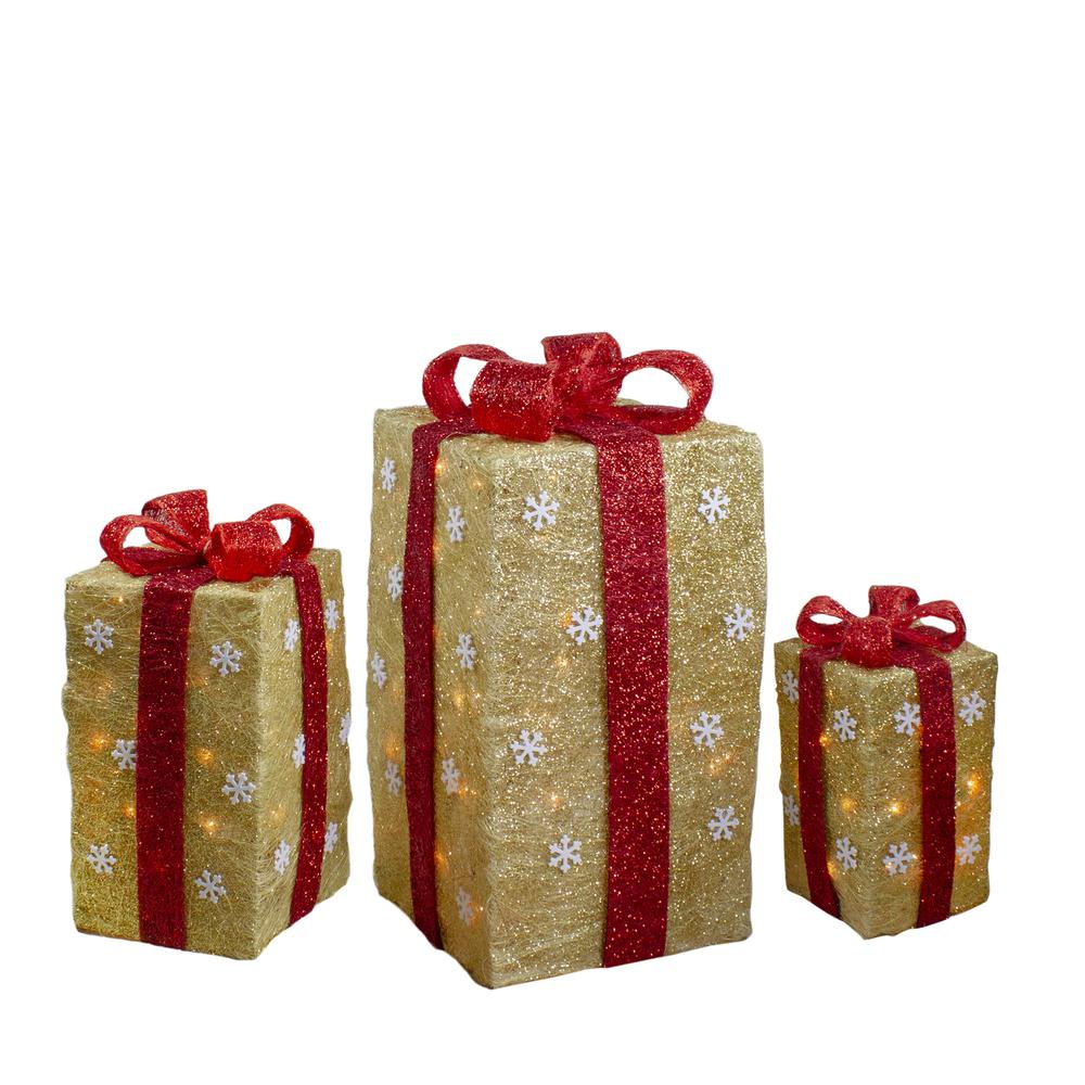 Set of 3 Lighted Tall Gold Sisal Gift Boxes with Red Bows Christmas Outdoor Decor 18". Picture 1