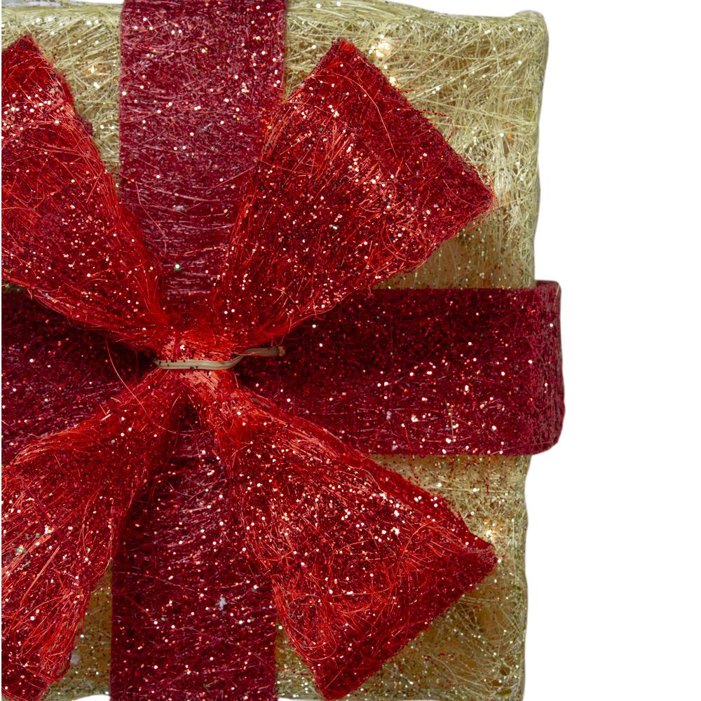 Set of 3 Lighted Tall Gold Sisal Gift Boxes with Red Bows Christmas Outdoor Decor 18". Picture 3