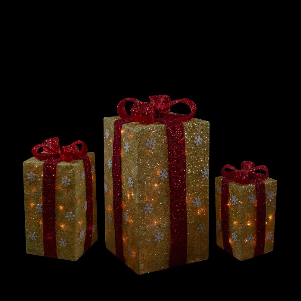 Set of 3 Lighted Tall Gold Sisal Gift Boxes with Red Bows Christmas Outdoor Decor 18". Picture 2