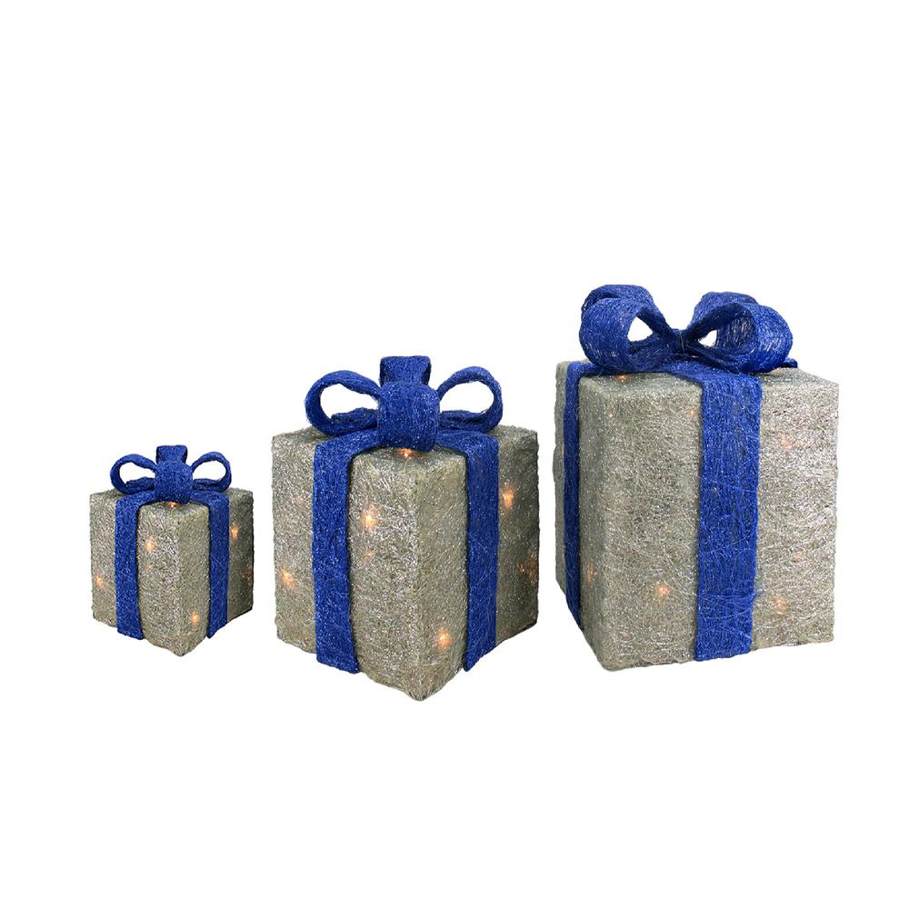 Set of 3 Lighted Silver and Blue Gift Boxes Outdoor Christmas Decorations 10". Picture 2