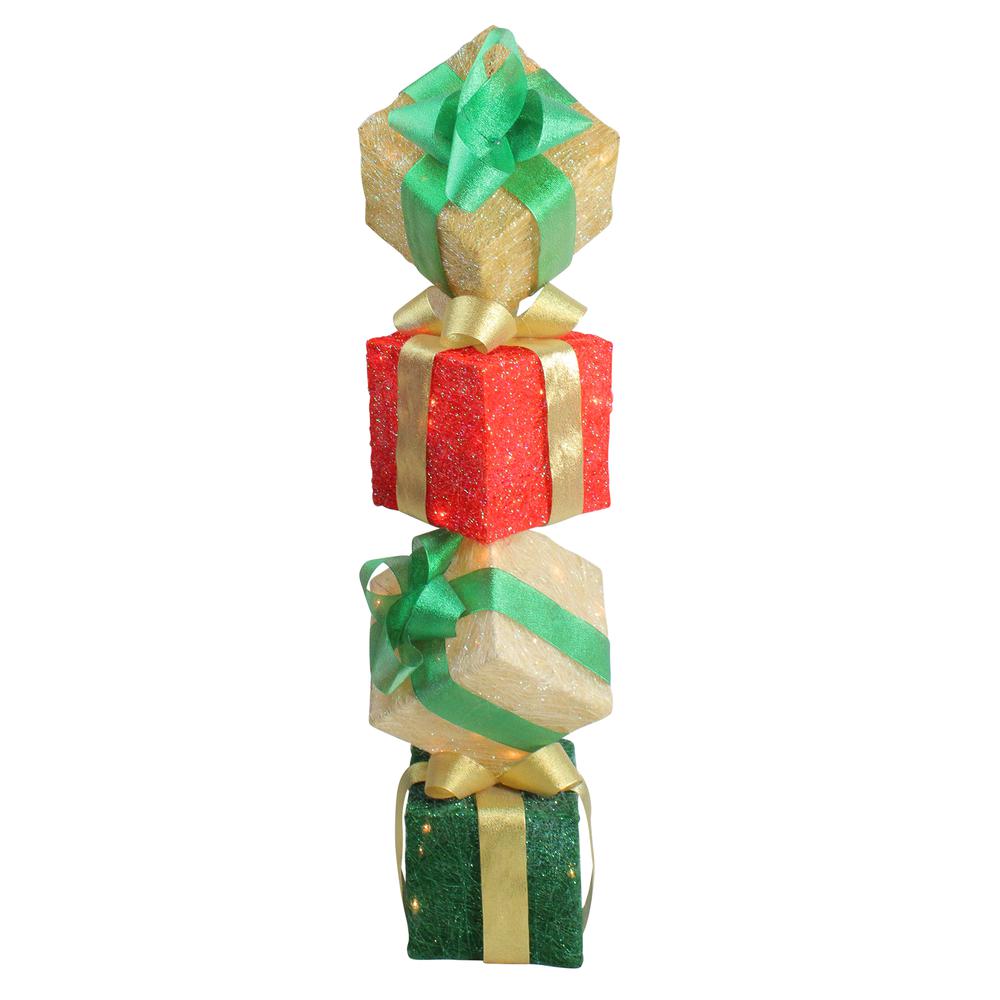 45" Red and Green Lighted Sisal Tower Stacked Gift Boxes Outdoor Christmas Decor. Picture 1