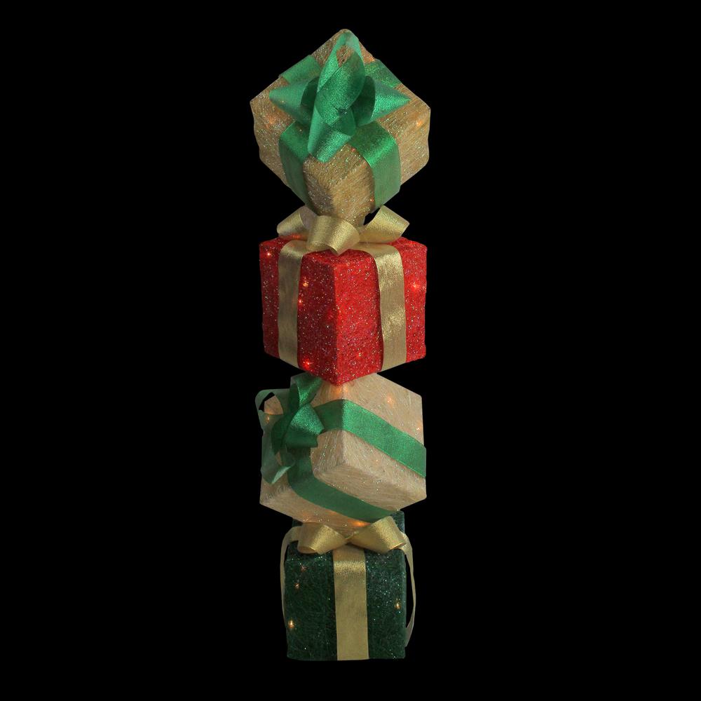 45" Red and Green Lighted Sisal Tower Stacked Gift Boxes Outdoor Christmas Decor. Picture 2