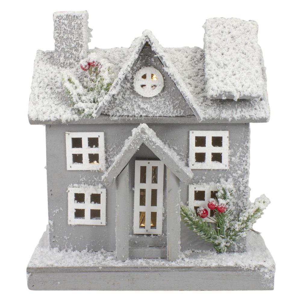 Lighted White and Gray Snowy House Christmas Tabletop Decoration. Picture 1