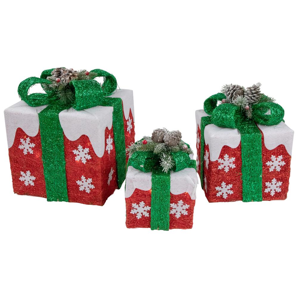 Set of 3 Lighted Red with White Snowflakes Gift Boxes Christmas Decorations. Picture 3