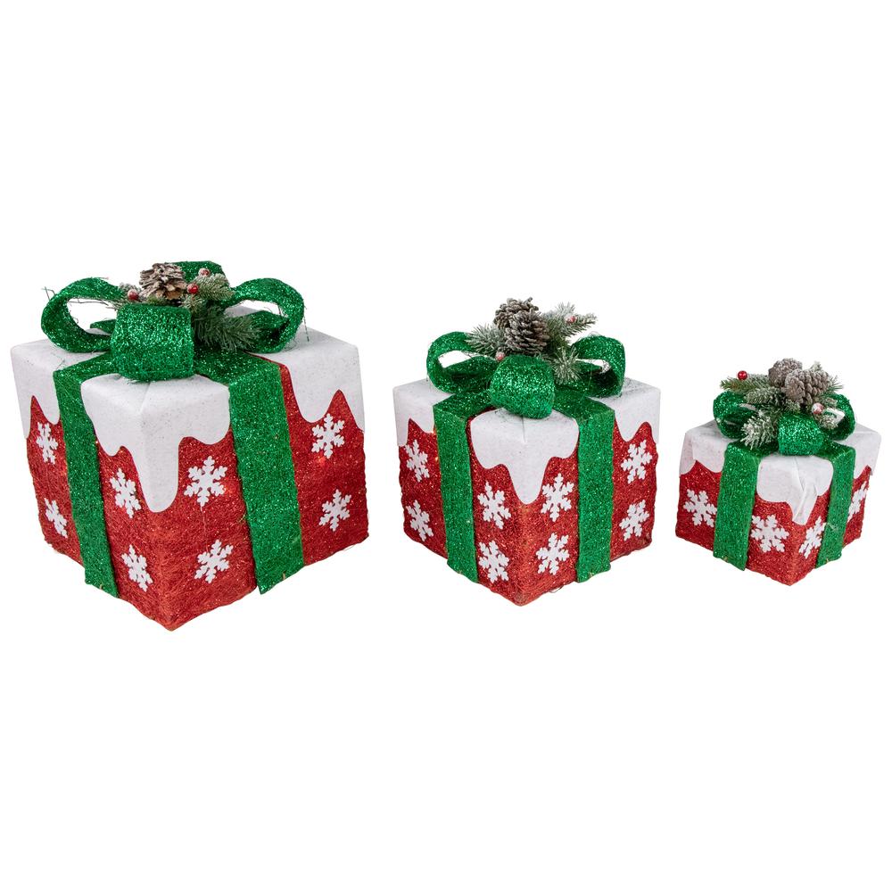 Set of 3 Lighted Red with White Snowflakes Gift Boxes Christmas Decorations. Picture 4
