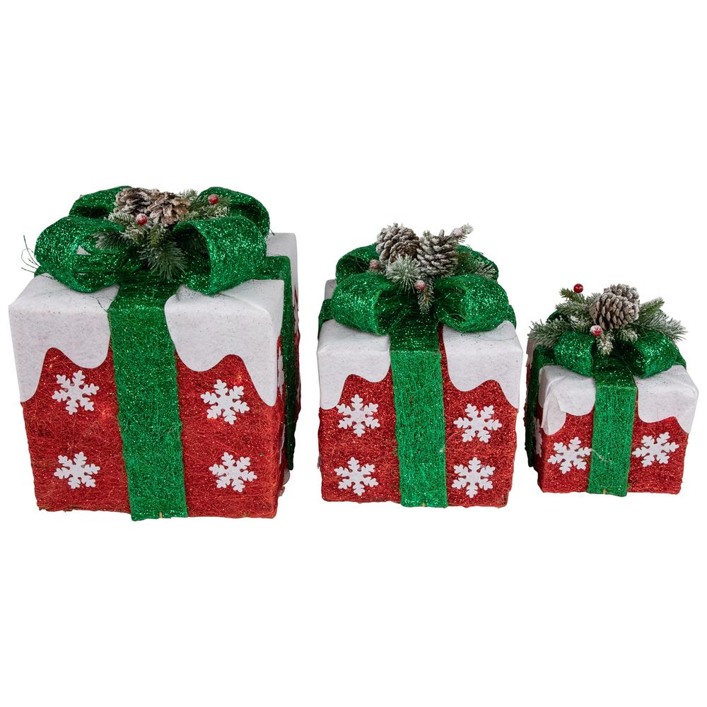 Set of 3 Lighted Red with White Snowflakes Gift Boxes Christmas Decorations. The main picture.