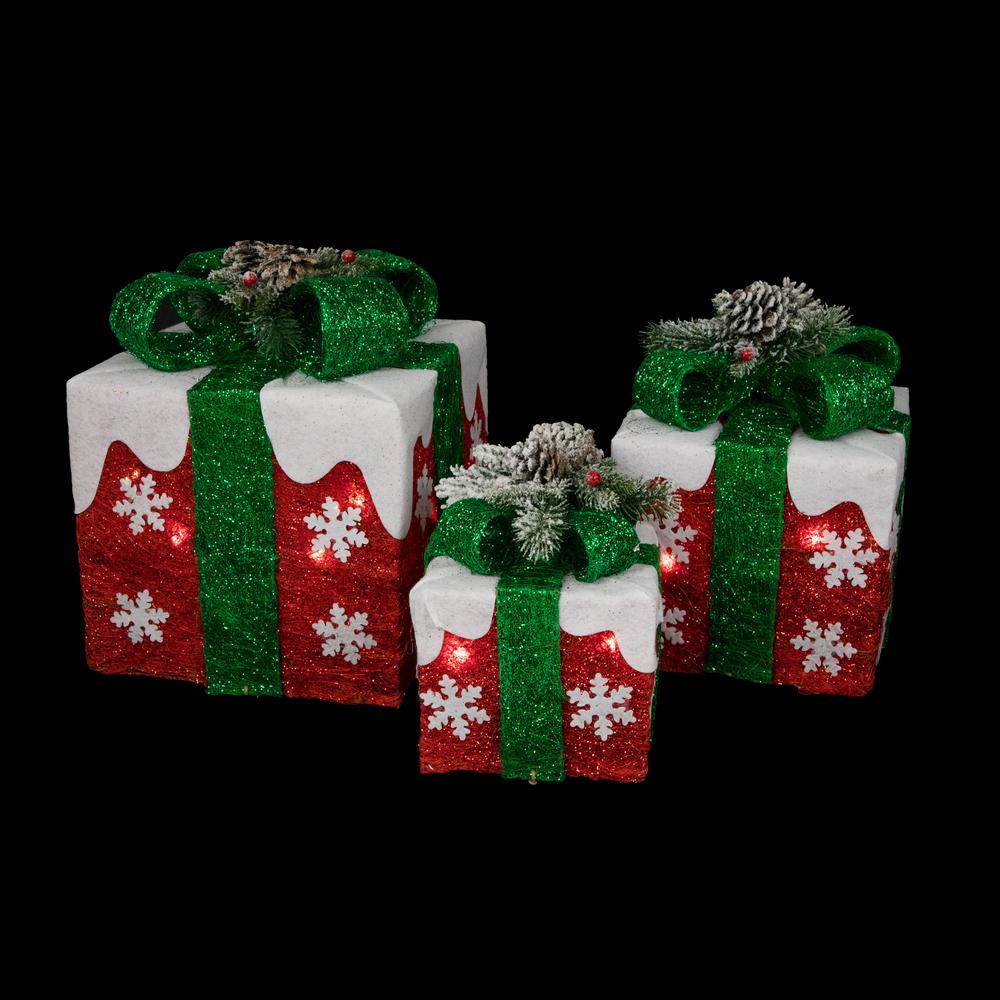 Set of 3 Lighted Red with White Snowflakes Gift Boxes Christmas Decorations. Picture 2