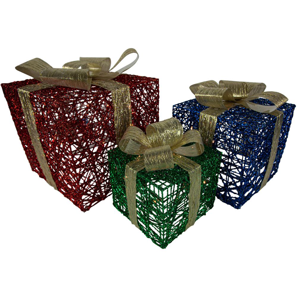 Set of 3 Lighted Red  Blue and Green Gift Boxes Christmas Decorations 9.75". Picture 1