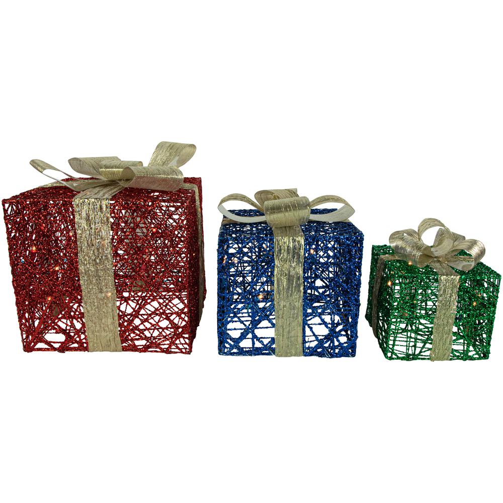 Set of 3 Lighted Red  Blue and Green Gift Boxes Christmas Decorations 9.75". Picture 3
