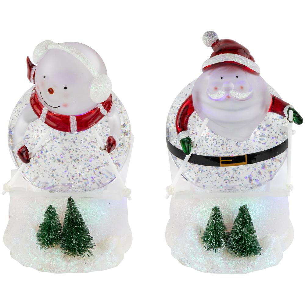 Set of 2 Lighted Skiing Santa and Snowman Glittered Christmas Snow Globes 7". Picture 3