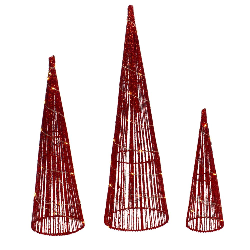 Set of 3 LED Lighted Red Glitter Cone Tree Outdoor Christmas Decorations 23.5". Picture 1