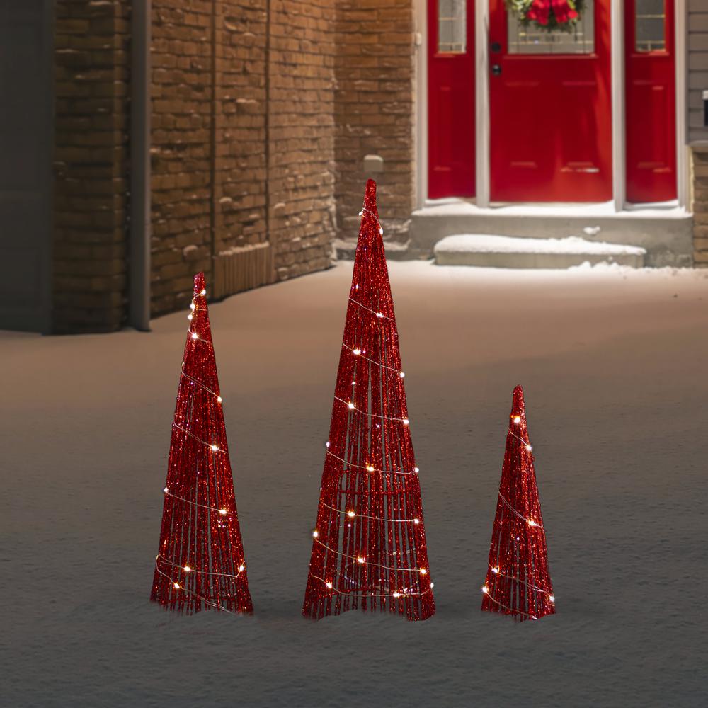 Set of 3 LED Lighted Red Glitter Cone Tree Outdoor Christmas Decorations 23.5". Picture 2