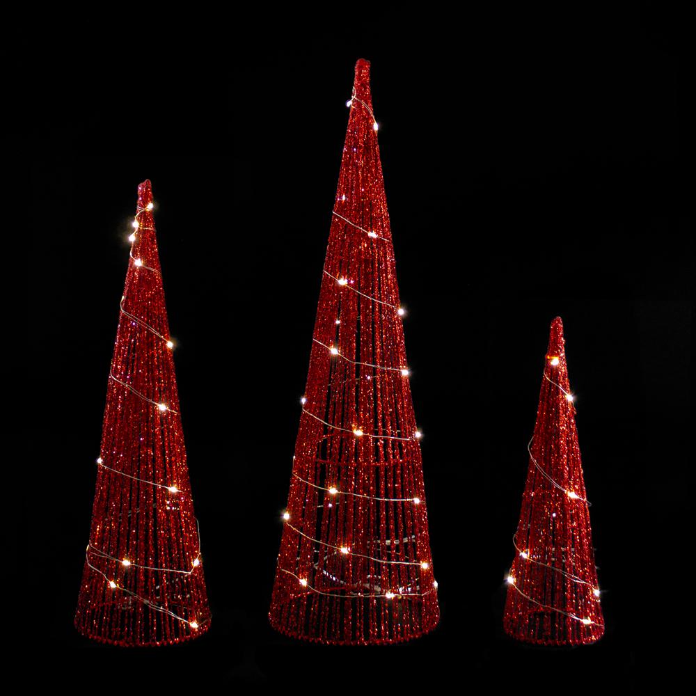 Set of 3 LED Lighted Red Glitter Cone Tree Outdoor Christmas Decorations 23.5". Picture 3