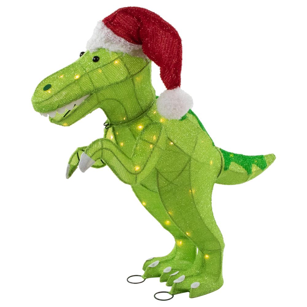 30" LED Lighted Tinsel Santa T-Rex Dinosaur Outdoor Christmas Decoration. Picture 1