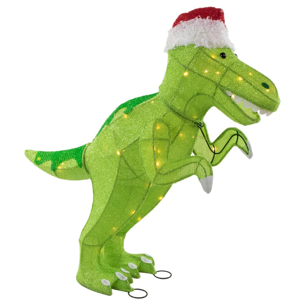 30" LED Lighted Tinsel Santa T-Rex Dinosaur Outdoor Christmas Decoration. Picture 3