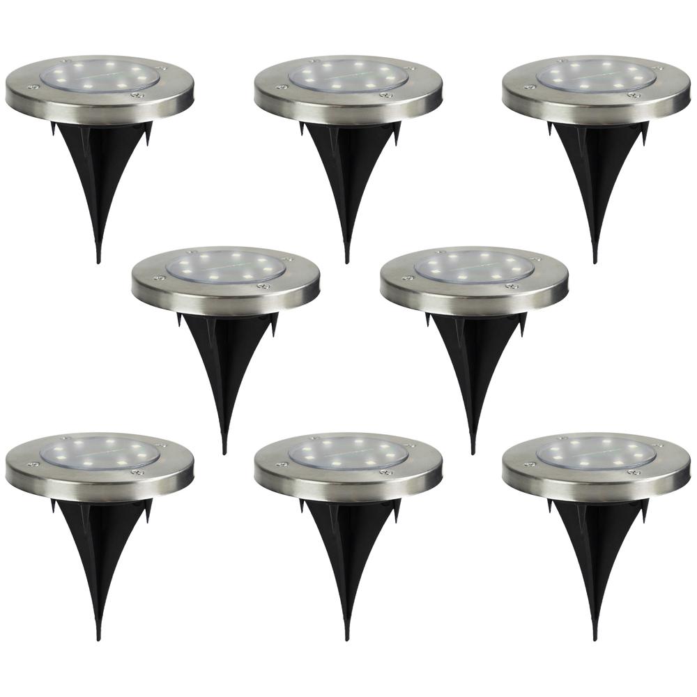 Set of 8 Stainless Steel Round Solar Powered LED Pathway Markers  5". Picture 1