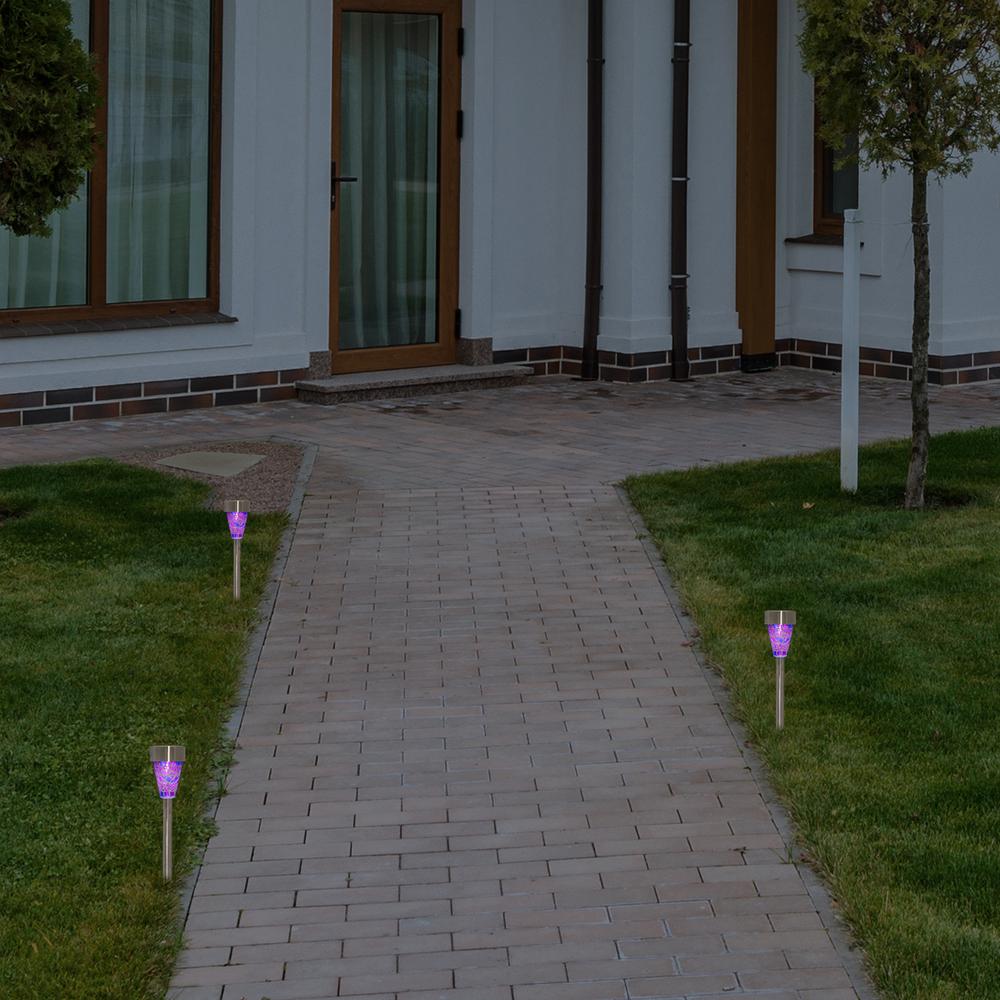 Set of 3 Purple Mosaic Stained Glass Solar Powered LED Pathway Markers  15.5". Picture 2