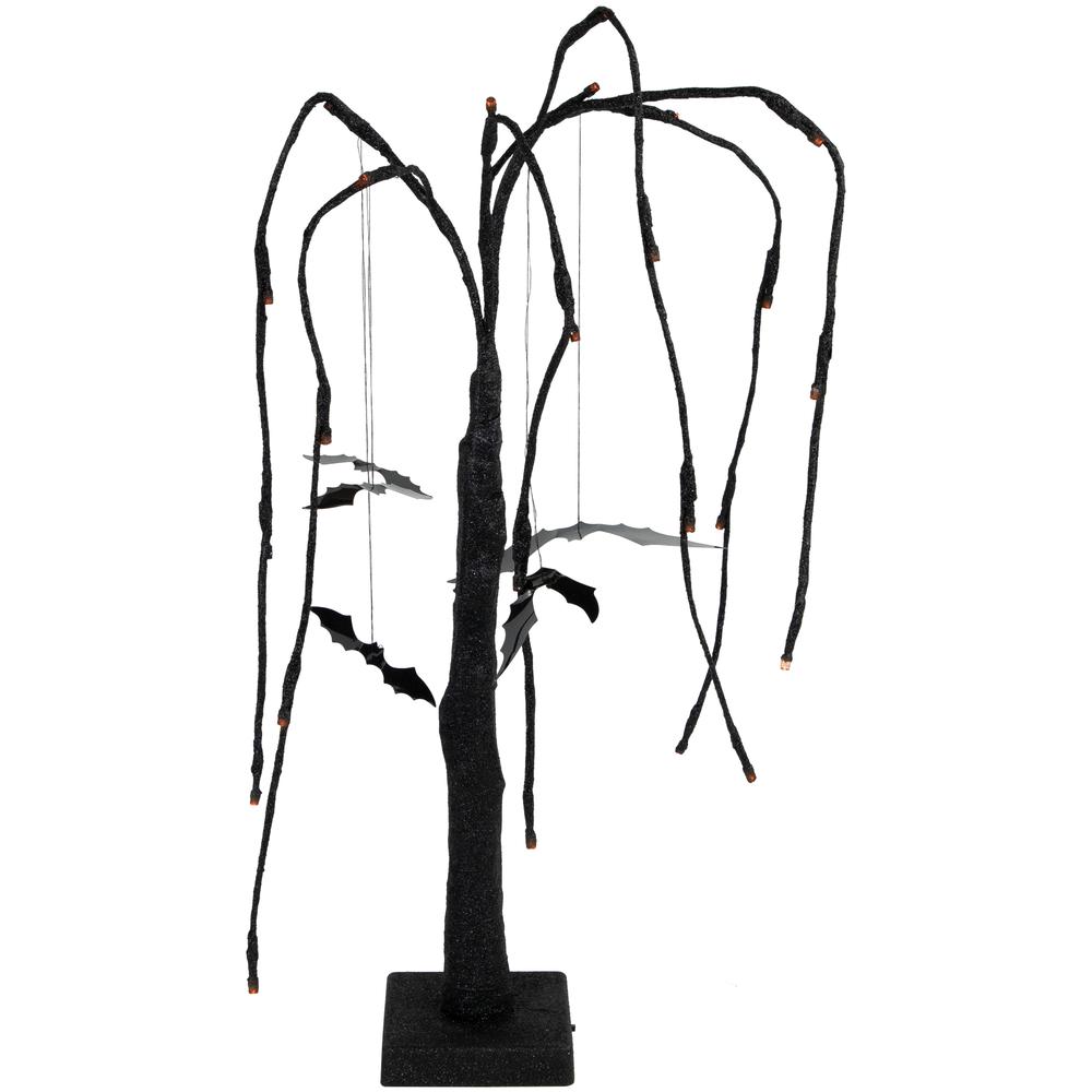 24" LED Lighted Black Glittered Halloween Willow Tree with Bats - Orange Lights. Picture 1