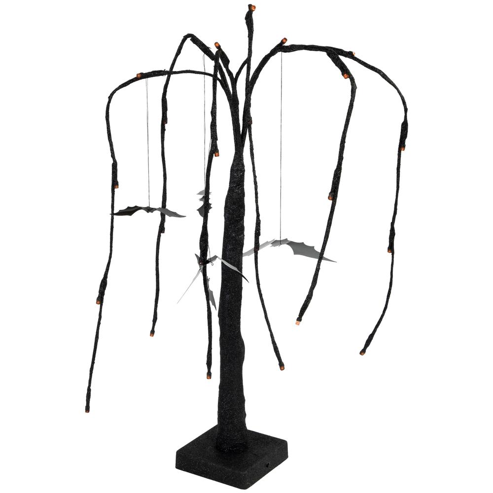 24" LED Lighted Black Glittered Halloween Willow Tree with Bats - Orange Lights. Picture 2