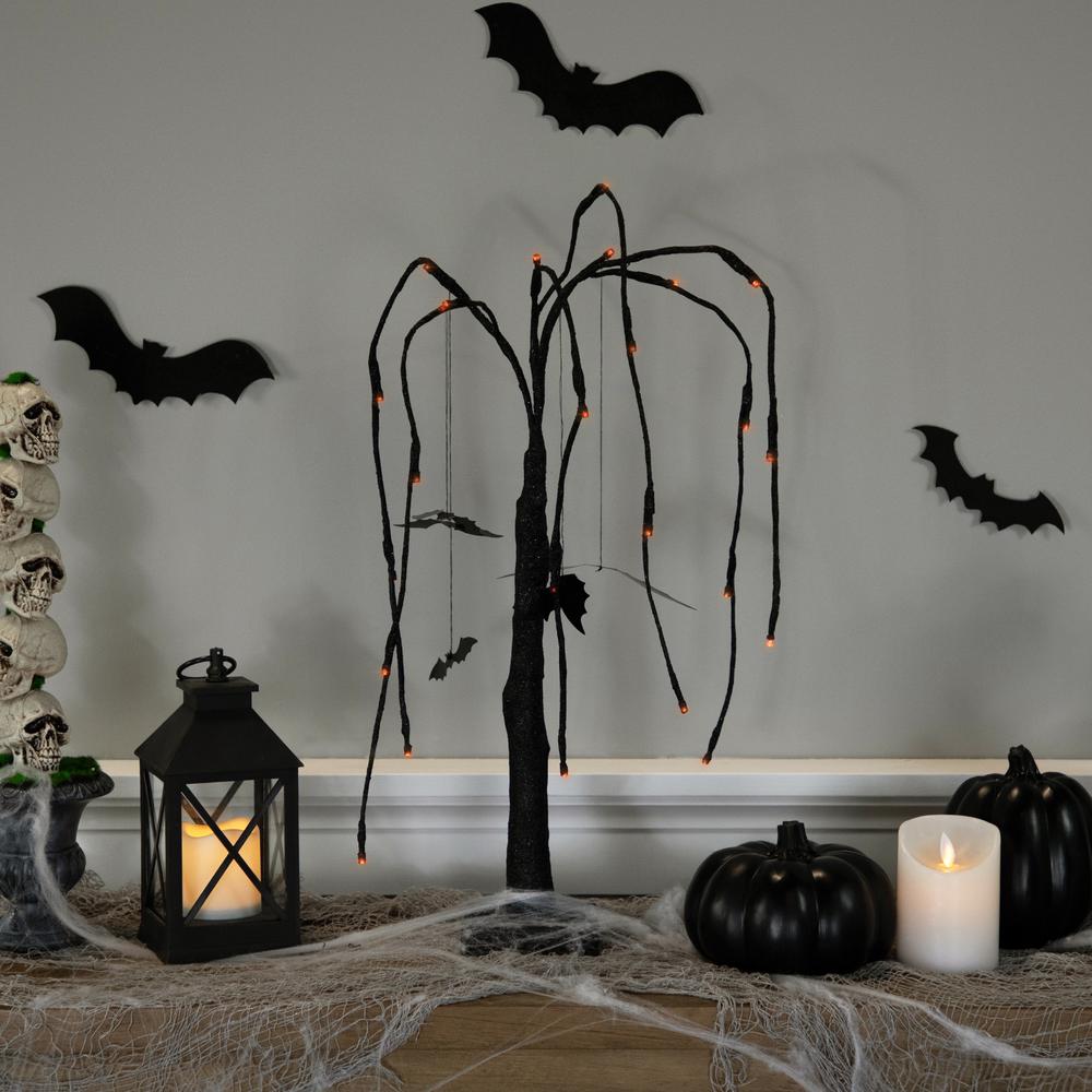 24" LED Lighted Black Glittered Halloween Willow Tree with Bats - Orange Lights. Picture 6