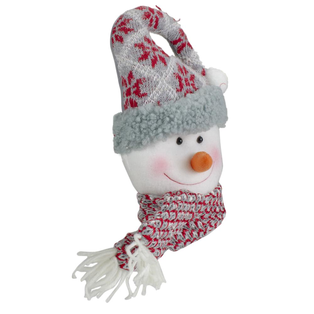 11" Gray and Red Plush Knit Snowman Head Christmas Ornament. Picture 3