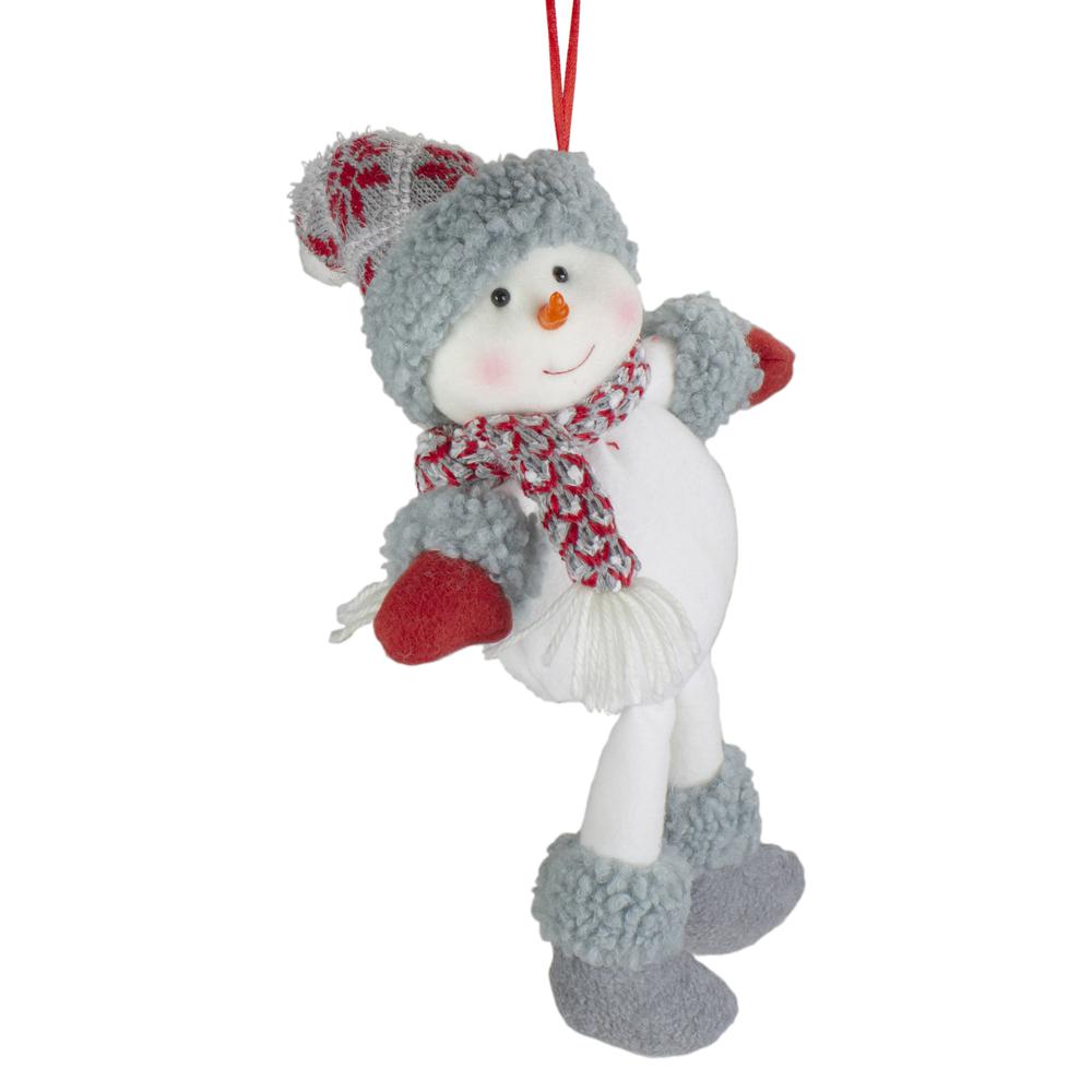 14" Gray and Red Plush Snowman Hanging Christmas Ornament. Picture 2