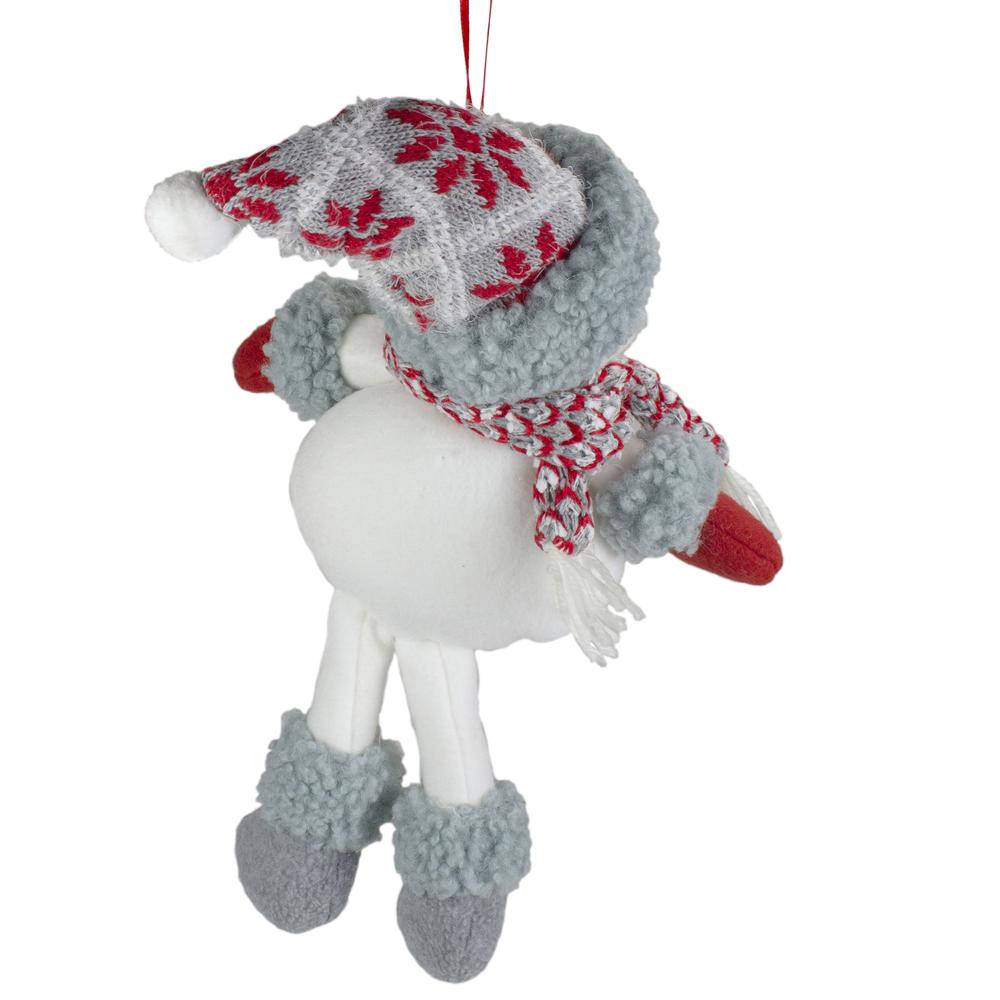 14" Gray and Red Plush Snowman Hanging Christmas Ornament. Picture 3