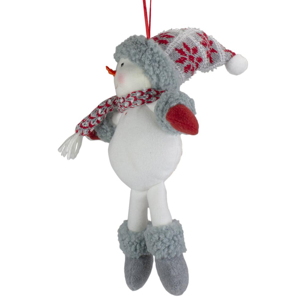 14" Gray and Red Plush Snowman Hanging Christmas Ornament. Picture 4