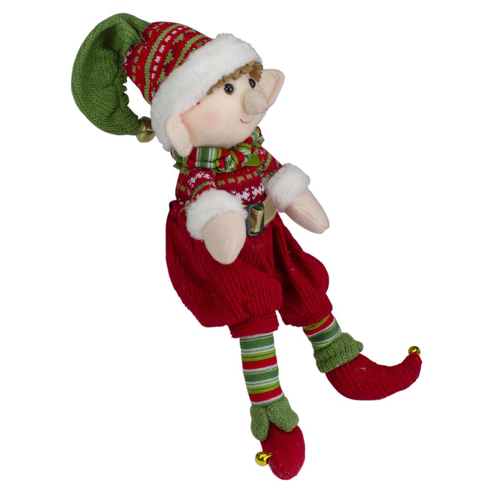 15" Red and Green Plush Jingle Bell Boy Elf Christmas Figure. Picture 3